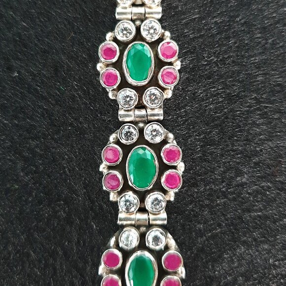 Vintage Mughal Revival 925 Silver Genuine Ruby & Green Crystal Floral Bracelet - Picture 1 of 13